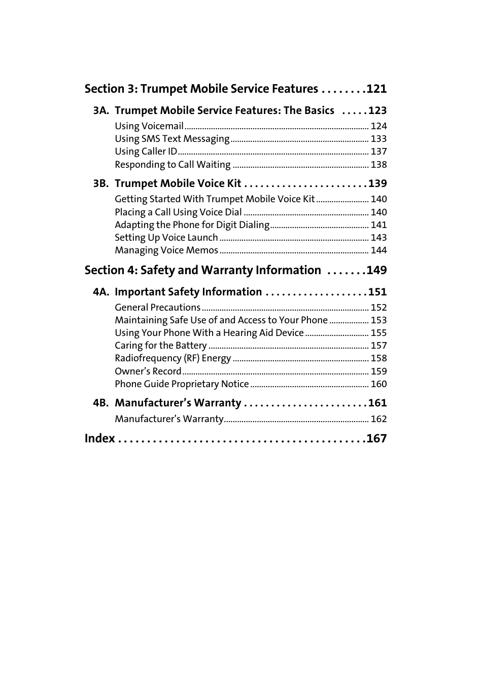 Section 3: trumpet mobile service features 121, 3b. trumpet mobile voice kit 139, Section 4: safety and warranty information 149 | 4a. important safety information 151, 4b. manufacturer’s warranty 161 | Samsung SPH-A640ZKAAFT User Manual | Page 5 / 192