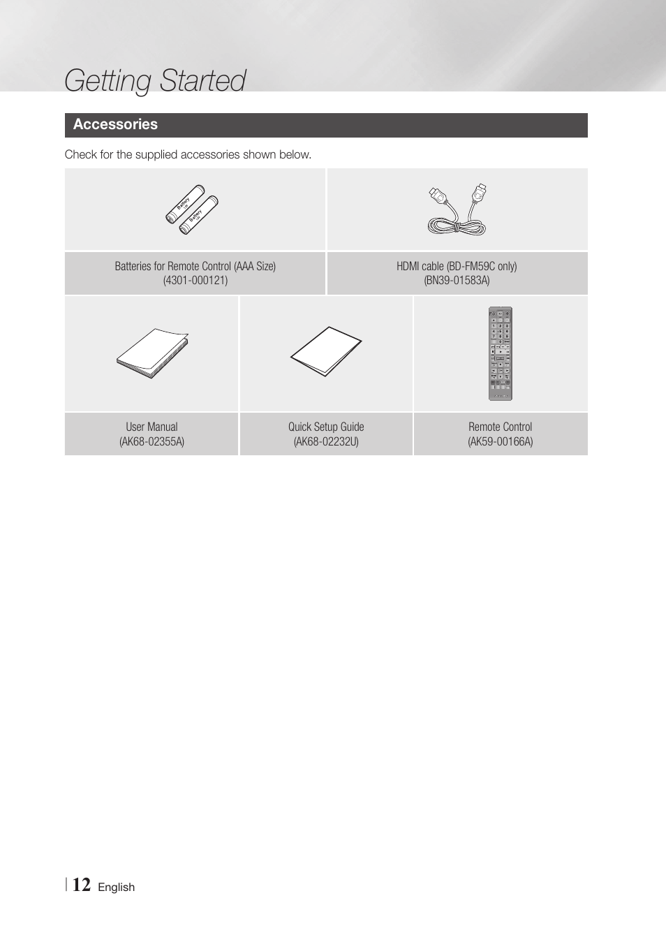 Accessories, Getting started, English | Samsung BD-FM59-ZA User Manual | Page 12 / 68