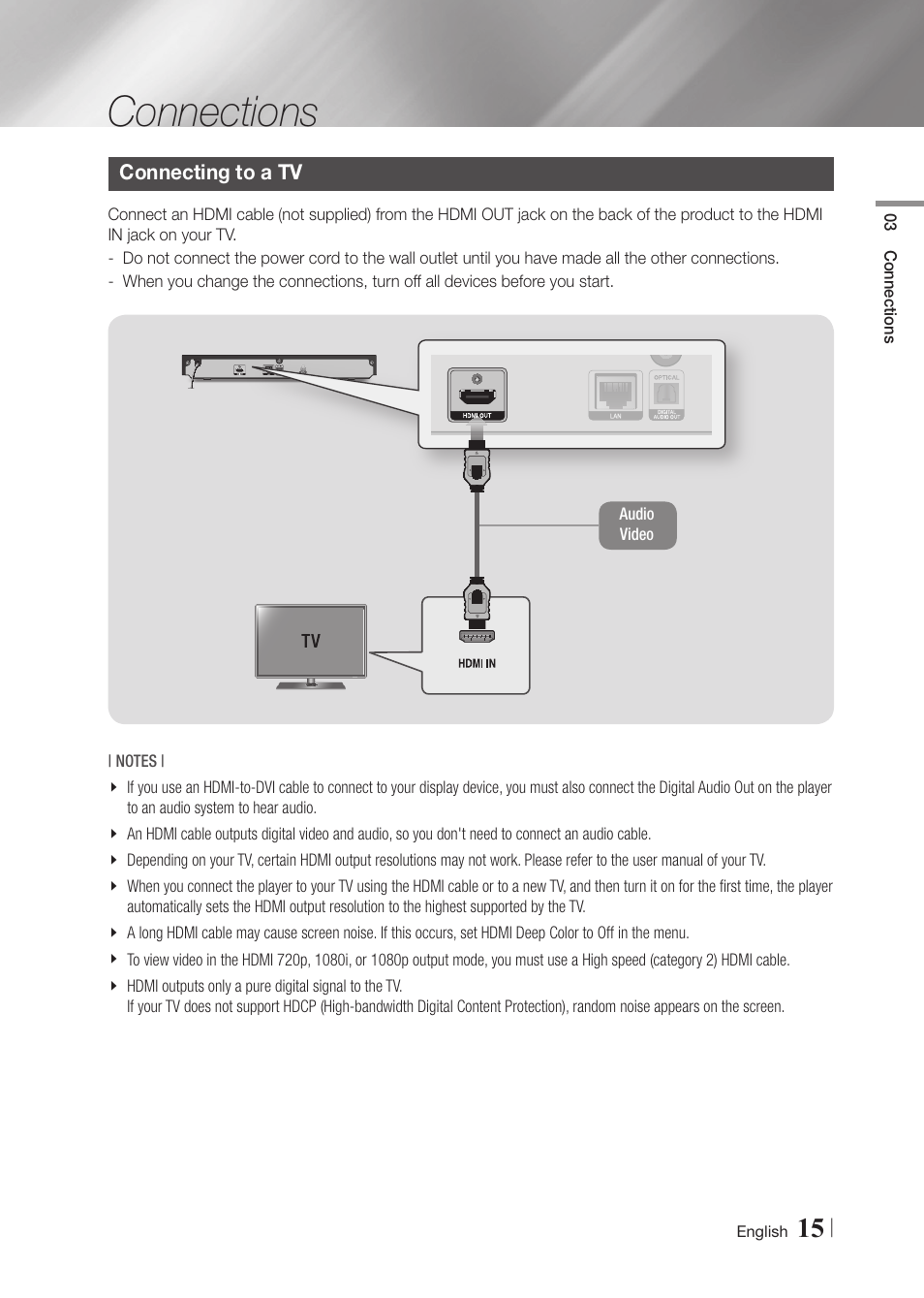 Connections, Connecting to a tv | Samsung BD-FM59-ZA User Manual | Page 15 / 68