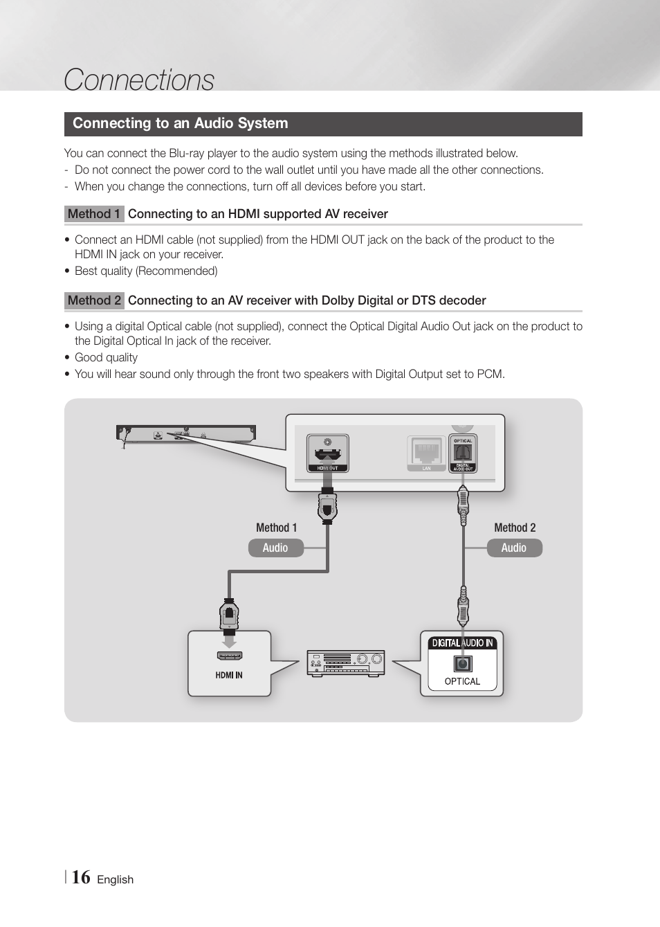 Connecting to an audio system, Connections | Samsung BD-FM59-ZA User Manual | Page 16 / 68