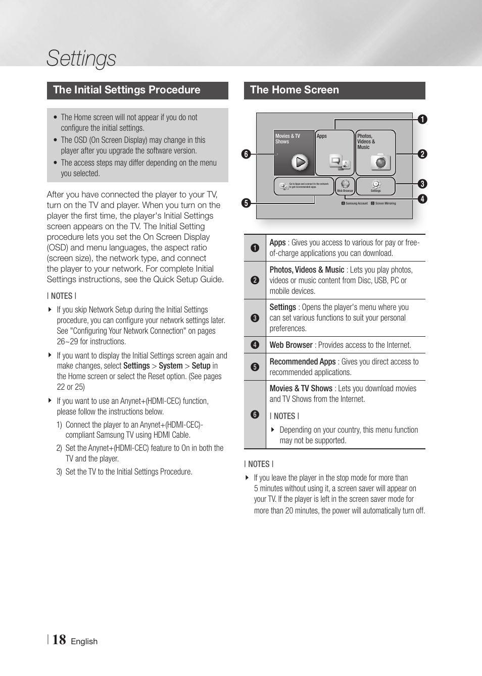 Settings, The initial settings procedure, The home screen | Samsung BD-FM59-ZA User Manual | Page 18 / 68