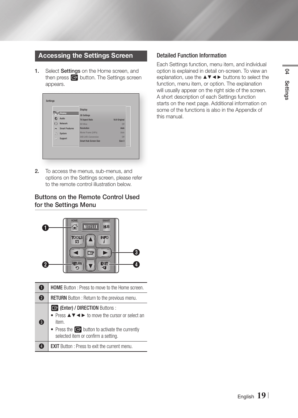 Accessing the settings screen, Detailed function information | Samsung BD-FM59-ZA User Manual | Page 19 / 68