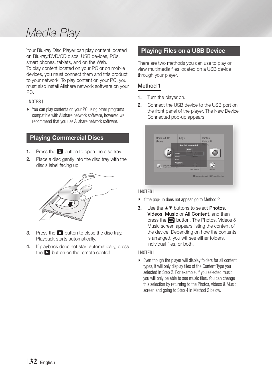 Media play, Playing commercial discs, Playing files on a usb device | Samsung BD-FM59-ZA User Manual | Page 32 / 68