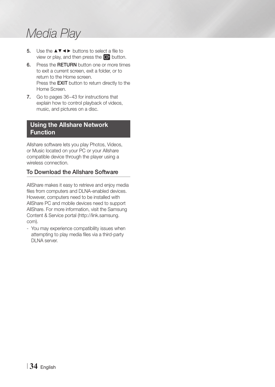 Using the allshare network function, To download the allshare software, Media play | Samsung BD-FM59-ZA User Manual | Page 34 / 68