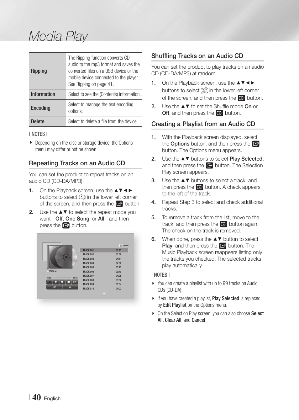 Repeating tracks on an audio cd, Shuffling tracks on an audio cd, Creating a playlist from an audio cd | Media play | Samsung BD-FM59-ZA User Manual | Page 40 / 68