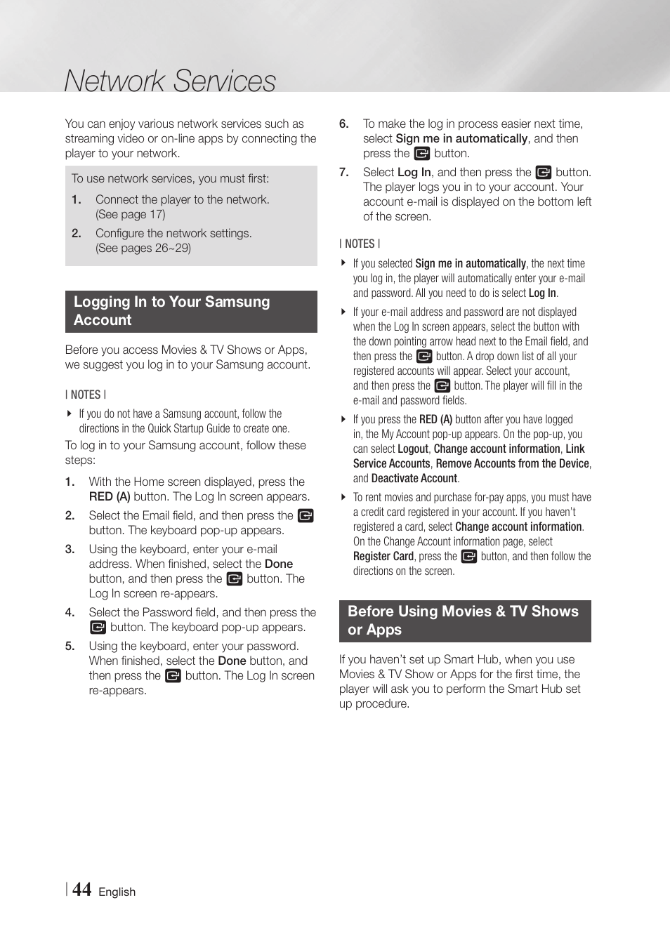 Network services, Logging in to your samsung account, Before using movies & tv shows or apps | Samsung BD-FM59-ZA User Manual | Page 44 / 68