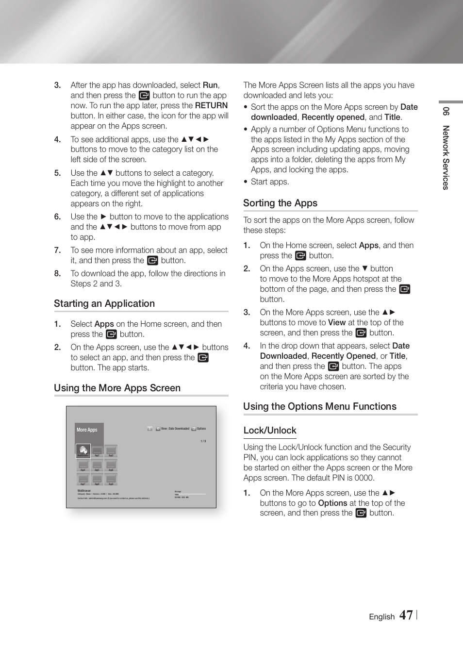 Starting an application, Using the more apps screen, Sorting the apps | Using the options menu functions, Lock/unlock | Samsung BD-FM59-ZA User Manual | Page 47 / 68
