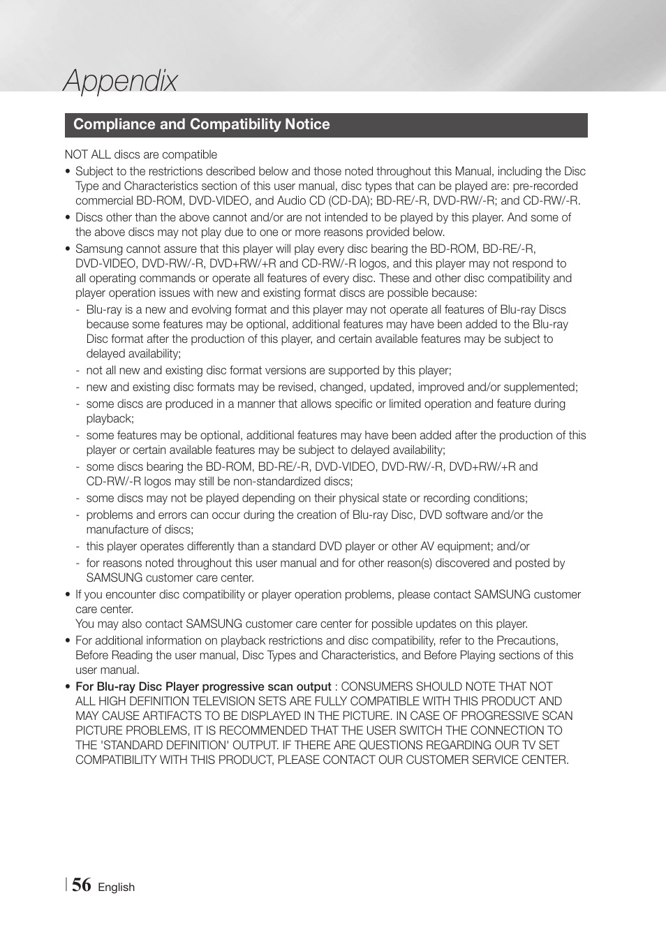 Appendix, Compliance and compatibility notice | Samsung BD-FM59-ZA User Manual | Page 56 / 68