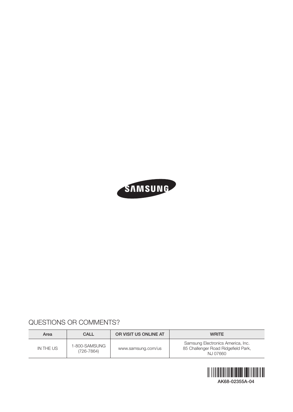 Questions or comments | Samsung BD-FM59-ZA User Manual | Page 68 / 68