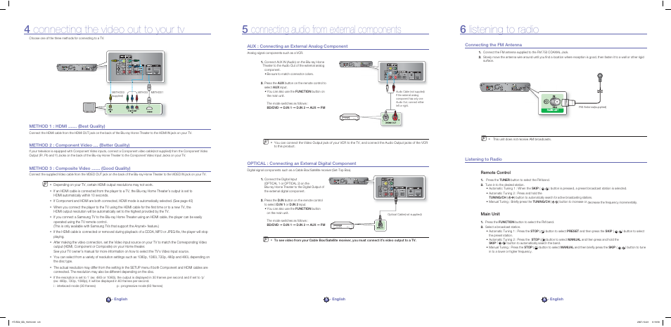 4 connecting the video out to your tv, 5 connecting audio from external components, 6 listening to radio | Samsung HT-BD2T-XAA User Manual | Page 2 / 2
