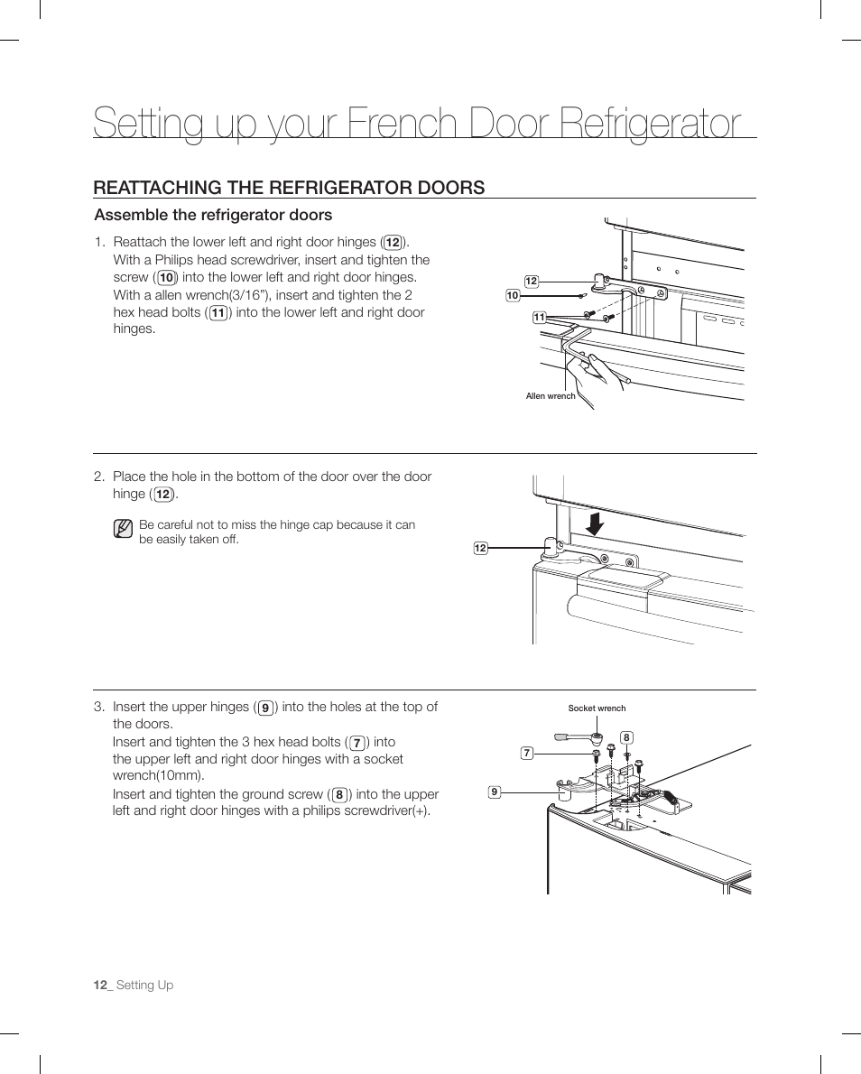 Reattaching the refrigerator doors, Setting up your french door refrigerator, Assemble the refrigerator doors | Samsung RFG298AARS-XAA User Manual | Page 12 / 42