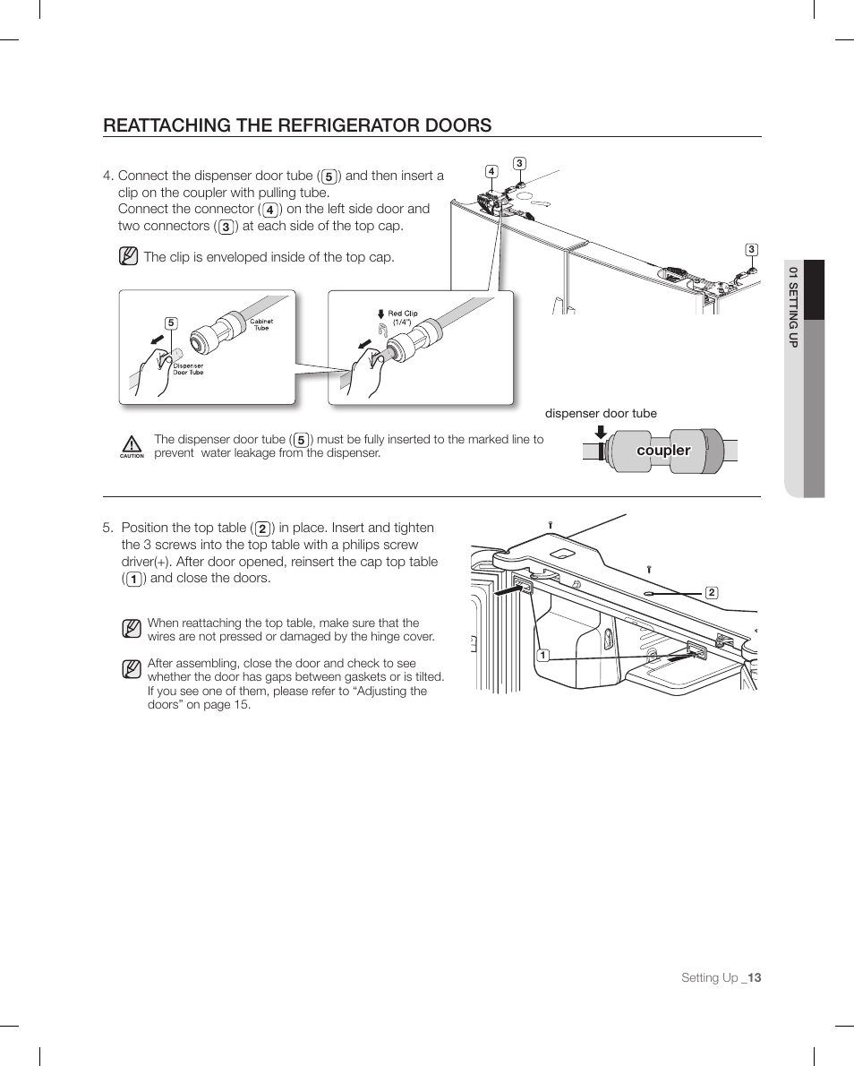 Reattaching the refrigerator doors | Samsung RFG298AARS-XAA User Manual | Page 13 / 42