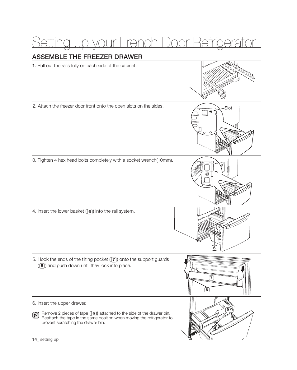 Assemble the frezer drawer, Setting up your french door refrigerator, Assemble the freezer drawer | Samsung RFG298AARS-XAA User Manual | Page 14 / 42