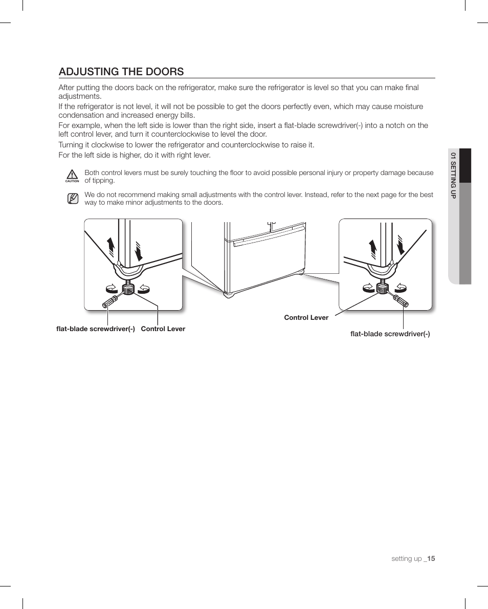 Adjusting the doors | Samsung RFG298AARS-XAA User Manual | Page 15 / 42