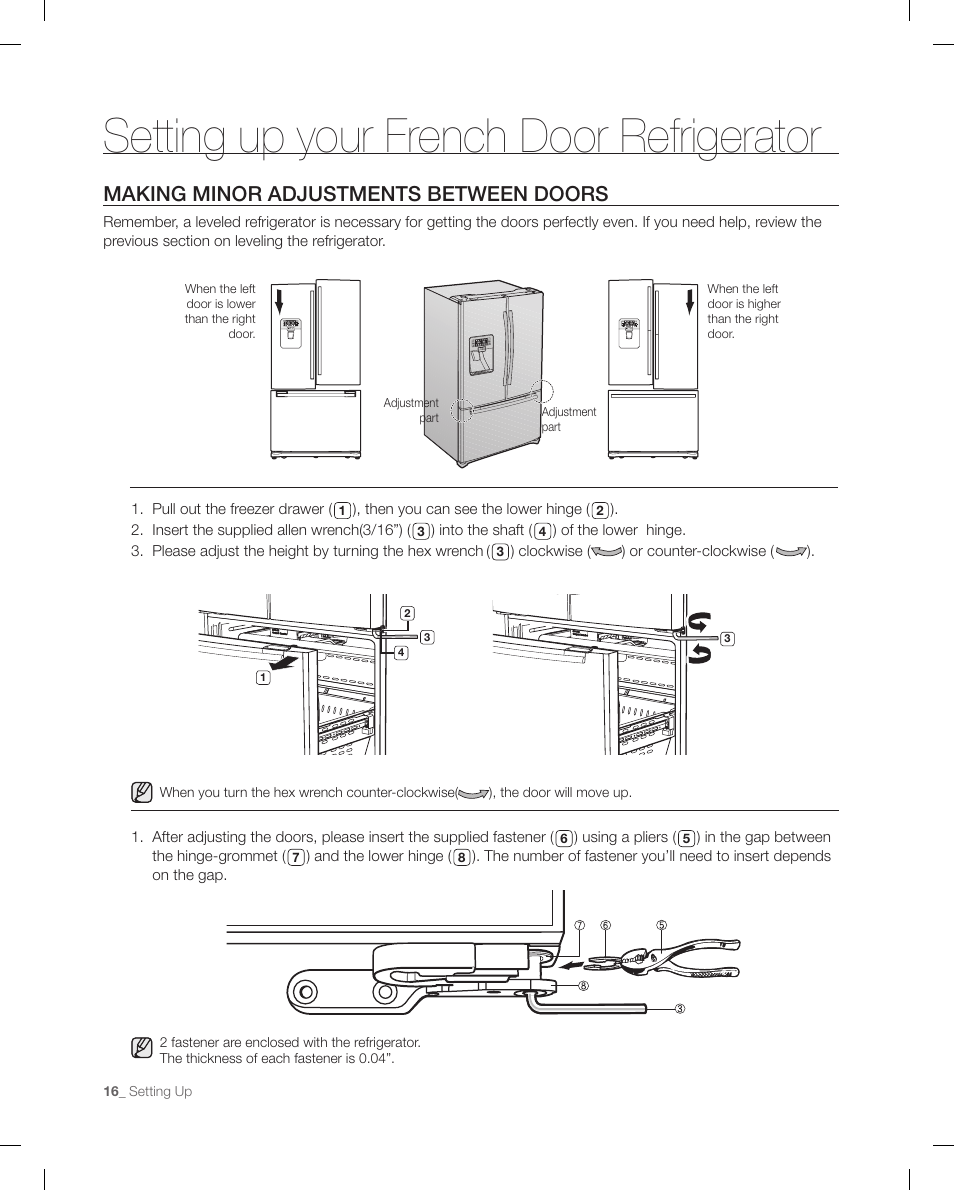 Making minor adjustments between doors, Setting up your french door refrigerator | Samsung RFG298AARS-XAA User Manual | Page 16 / 42