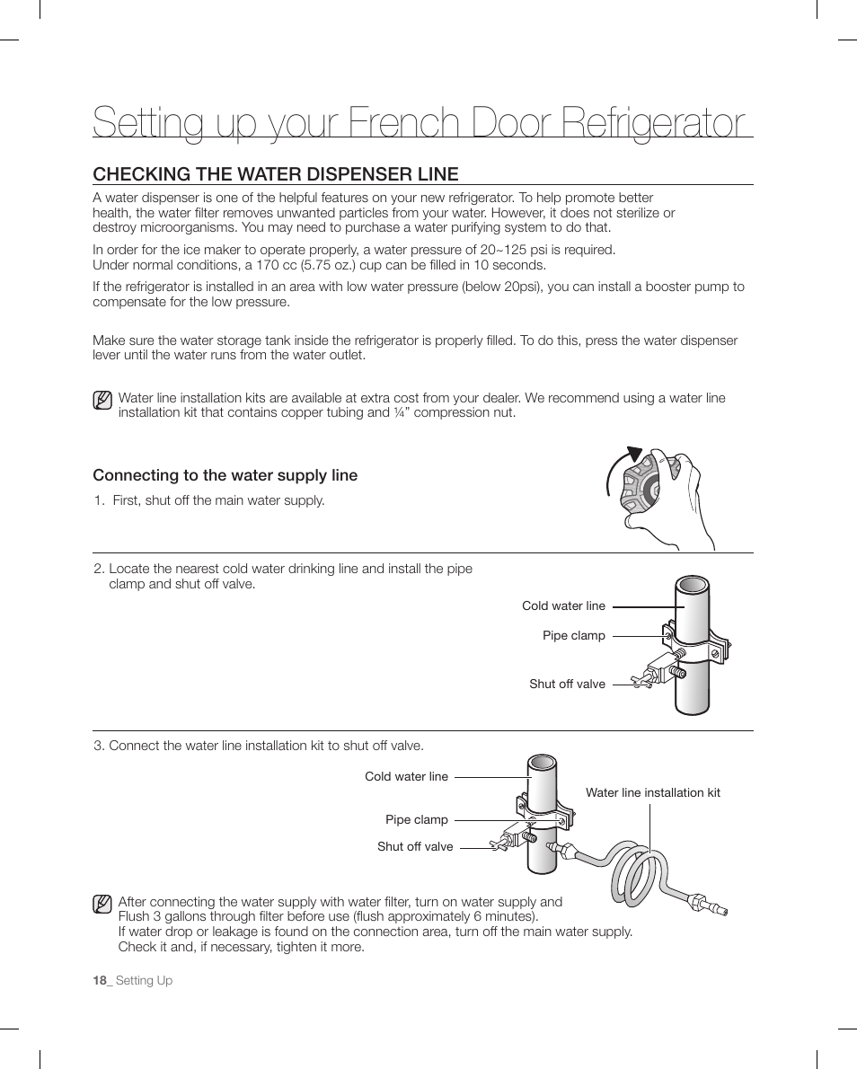 Checking the water dispenser line, Setting up your french door refrigerator | Samsung RFG298AARS-XAA User Manual | Page 18 / 42