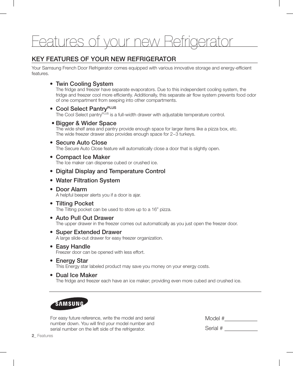 Features of your new refrigerator, Key features of your new refrigerator | Samsung RFG298AARS-XAA User Manual | Page 2 / 42