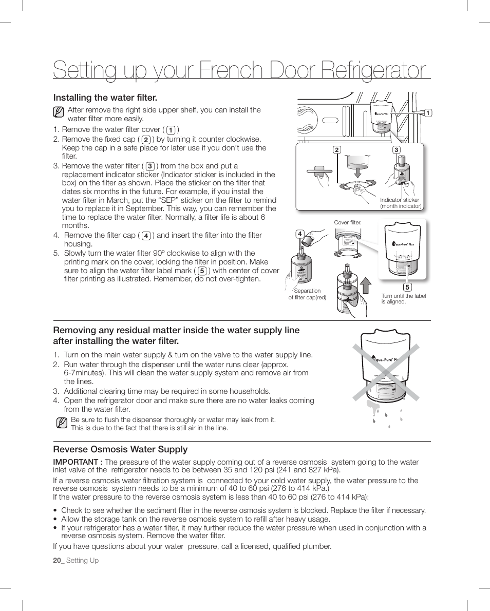 Setting up your french door refrigerator | Samsung RFG298AARS-XAA User Manual | Page 20 / 42