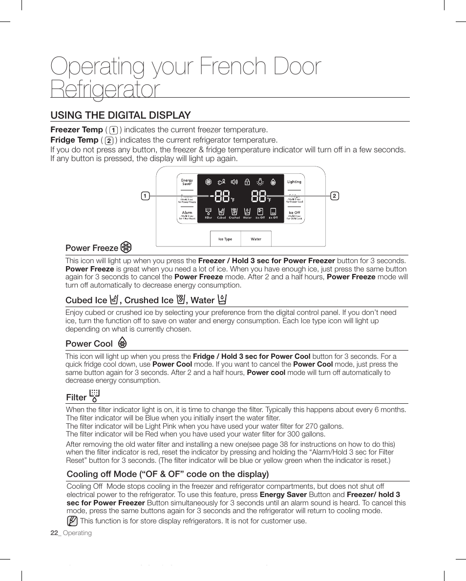 Using the digita l display, Operating your french door refrigerator, Using the digital display | Samsung RFG298AARS-XAA User Manual | Page 22 / 42