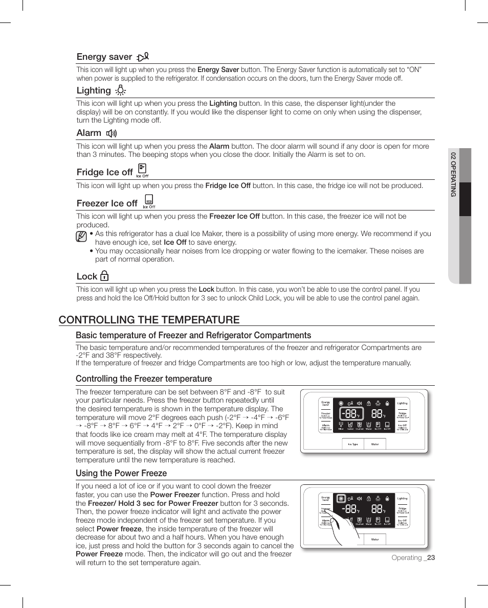 Controlling the temperatu re, Controlling the temperature | Samsung RFG298AARS-XAA User Manual | Page 23 / 42