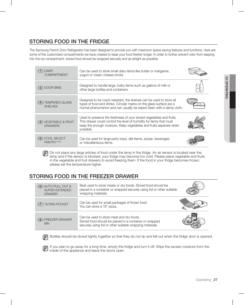 Storing food in the fridge, Storing food in the frezer drawer, Storing food in the freezer drawer | Samsung RFG298AARS-XAA User Manual | Page 27 / 42