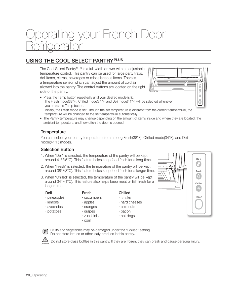 Using the cool select pantry plus, Operating your french door refrigerator, Using the cool select pantry | Samsung RFG298AARS-XAA User Manual | Page 28 / 42