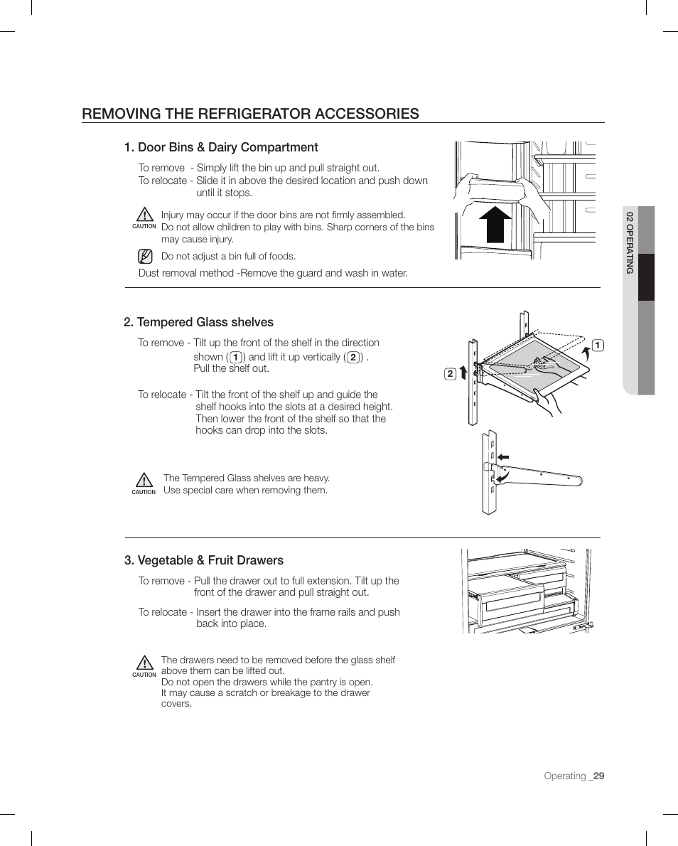 Removing the refrigerato r accessories, Removing the refrigerator accessories, Tempered glass shelves | Door bins & dairy compartment, Vegetable & fruit drawers | Samsung RFG298AARS-XAA User Manual | Page 29 / 42