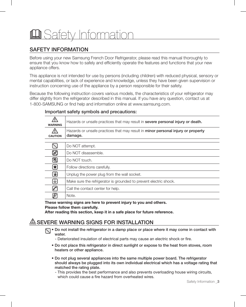 Safety information, Severe wa rning signs for insta llation, Severe warning signs for installation | Samsung RFG298AARS-XAA User Manual | Page 3 / 42