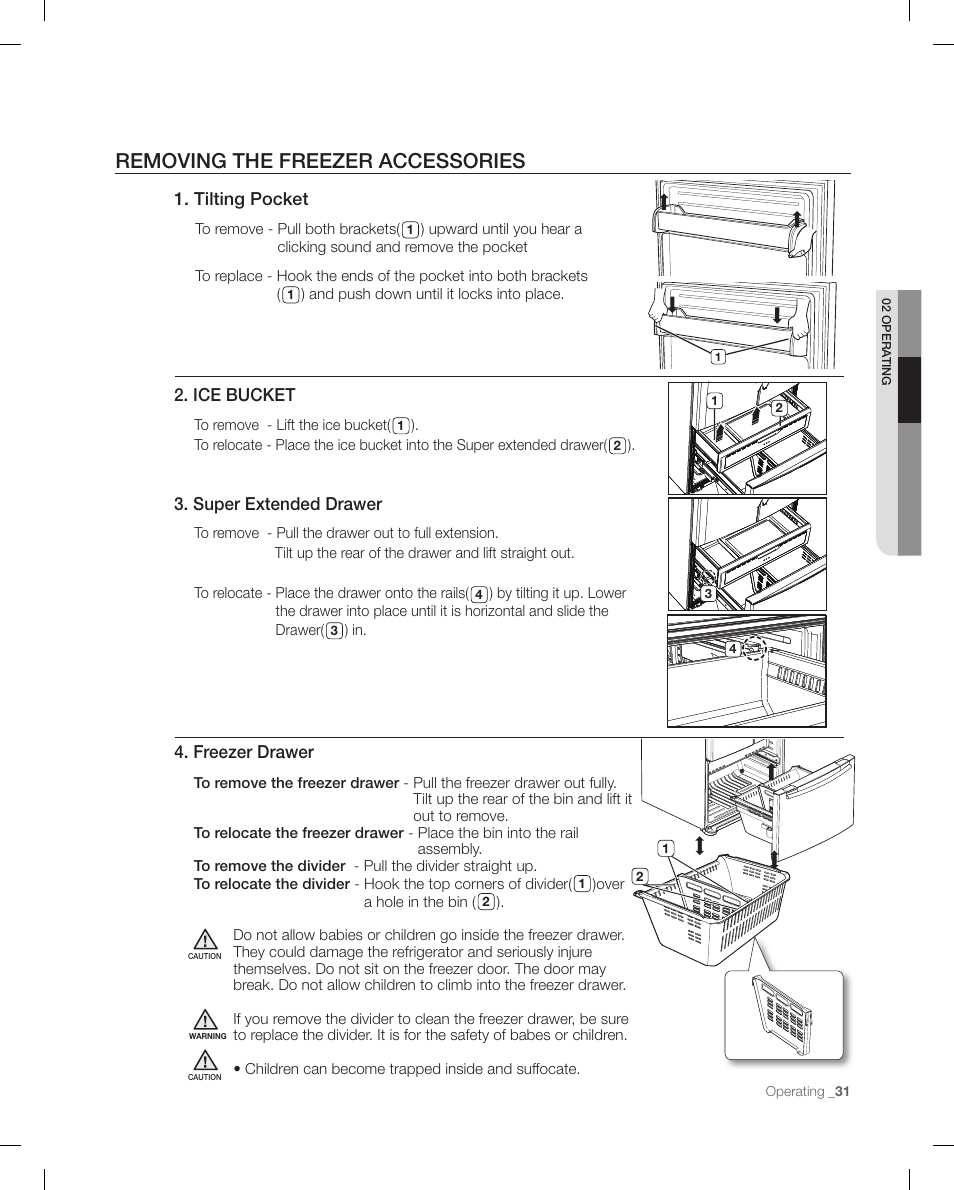 Removing the freezer accessories, Tilting pocket, Ice bucket | Super extended drawer, Freezer drawer | Samsung RFG298AARS-XAA User Manual | Page 31 / 42