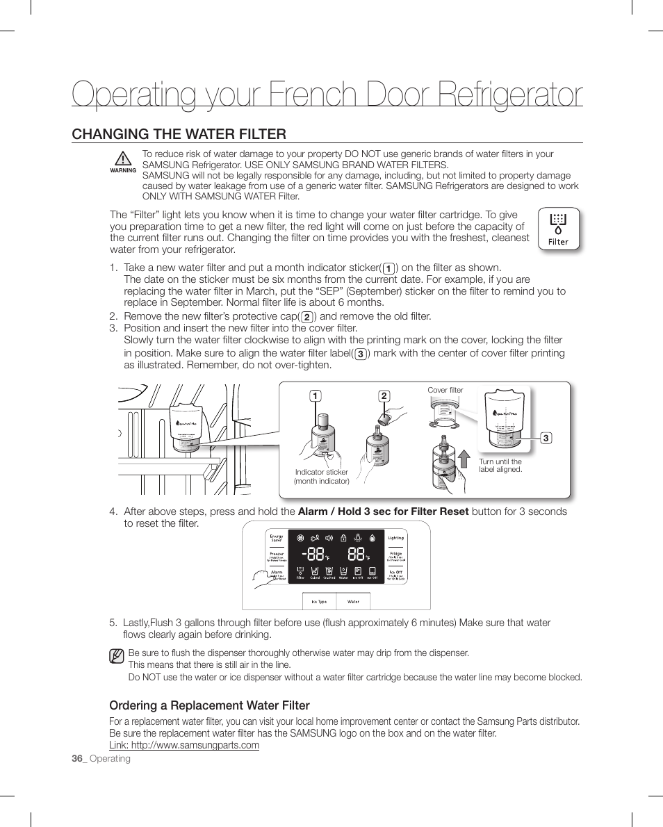 Changing the water filter, Operating your french door refrigerator | Samsung RFG298AARS-XAA User Manual | Page 36 / 42