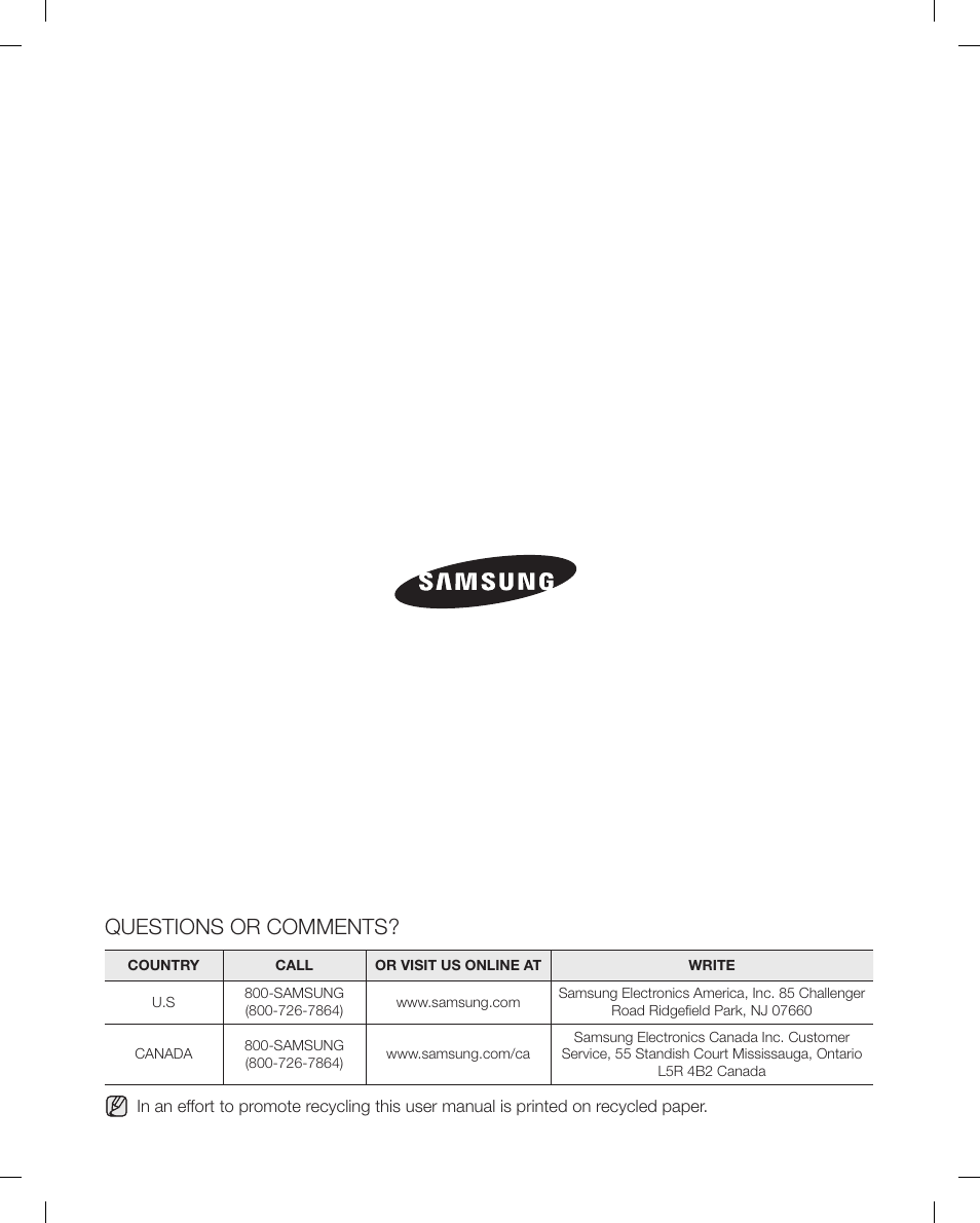 Questions or comments | Samsung RFG298AARS-XAA User Manual | Page 42 / 42