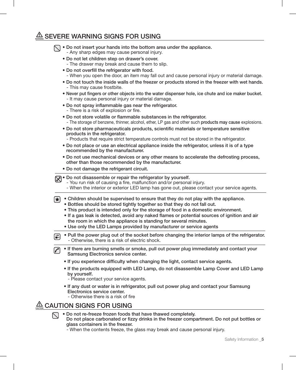 Severe wa rning signs for using, Caution signs for using, Severe warning signs for using | Samsung RFG298AARS-XAA User Manual | Page 5 / 42