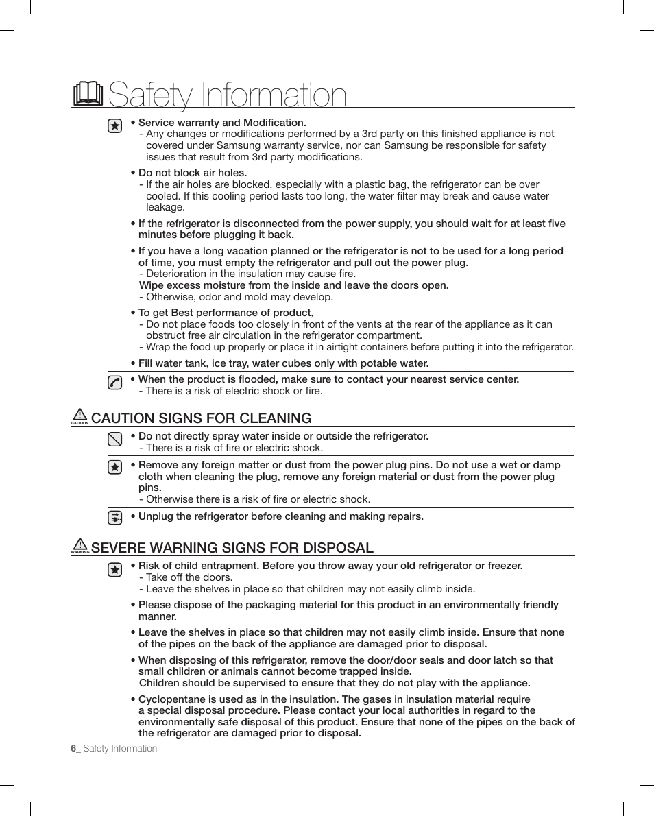 Caution signs for cleaning, Severe warning signs for disposal, Safety information | Samsung RFG298AARS-XAA User Manual | Page 6 / 42