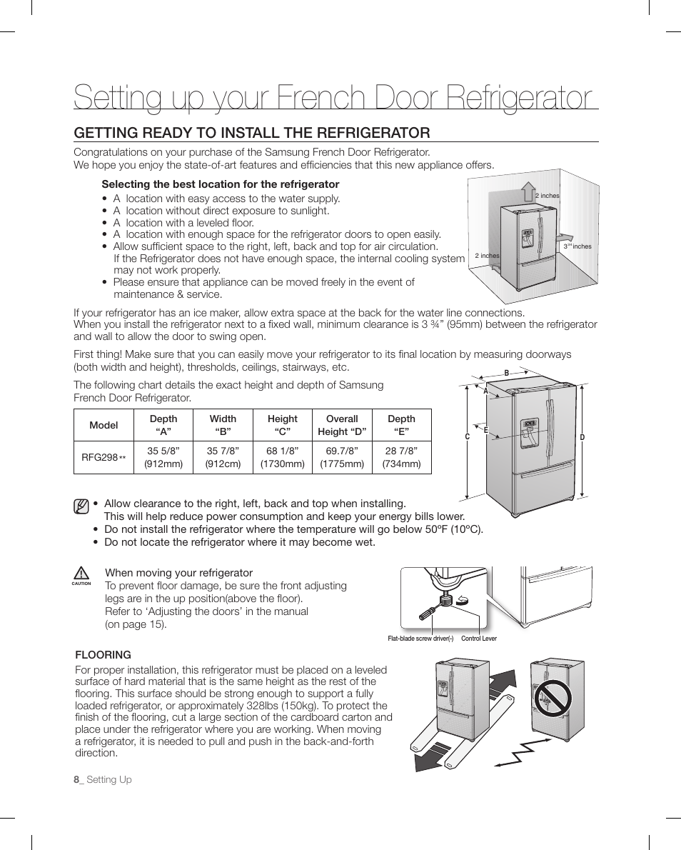 Setting up your french door refrigerator, Getting ready to install the refrigerator | Samsung RFG298AARS-XAA User Manual | Page 8 / 42