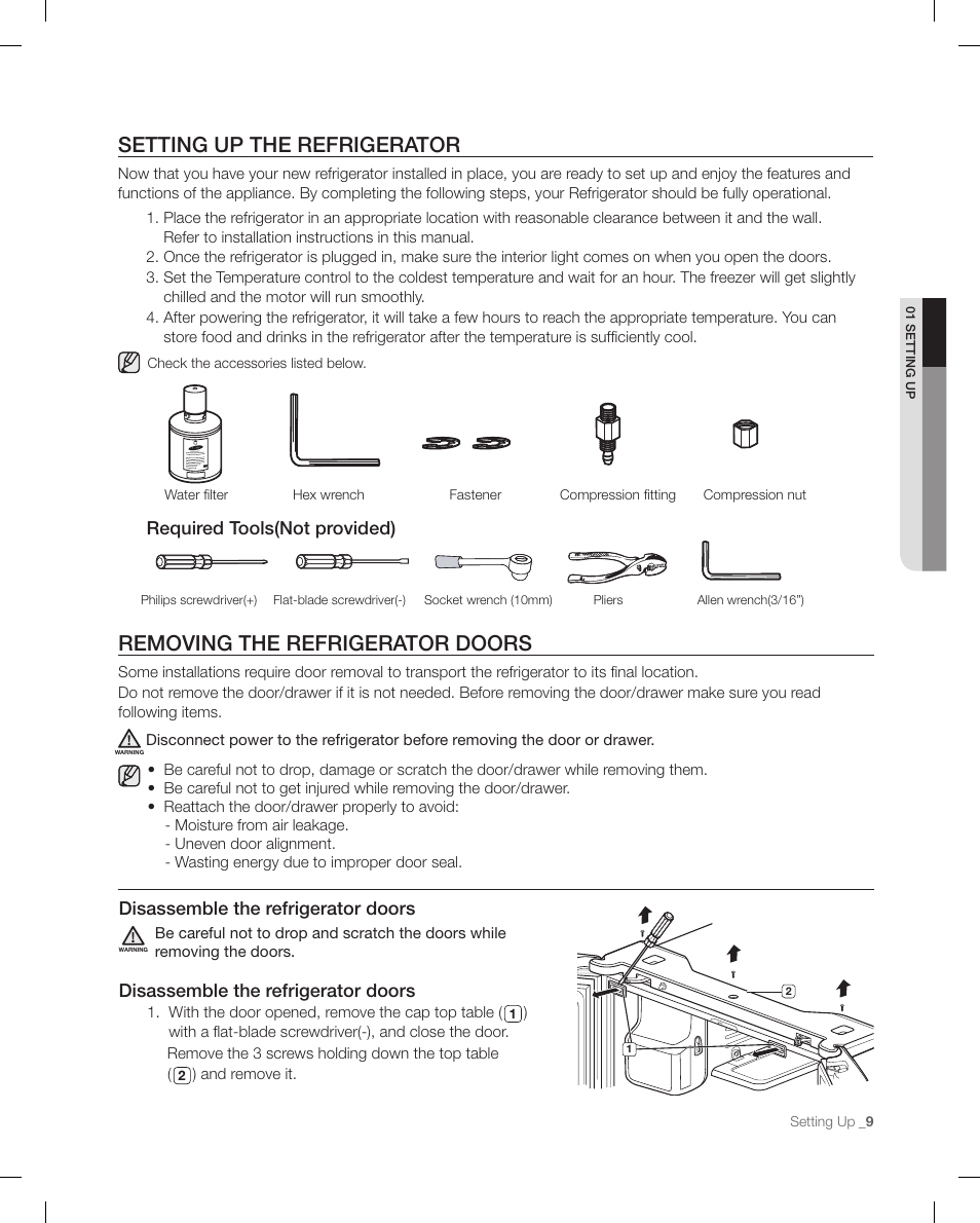 Setting up the refrigerator, Removing the refrigerator doors, Disassemble the refrigerator doors | Required tools(not provided) | Samsung RFG298AARS-XAA User Manual | Page 9 / 42