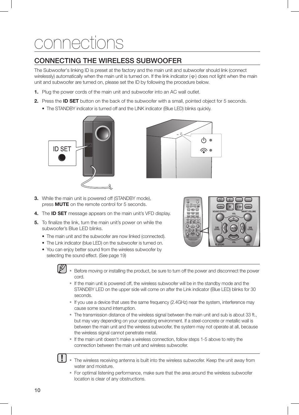 Connecting the wireless subwoofer, Connections | Samsung HW-FM45C-ZA User Manual | Page 10 / 26