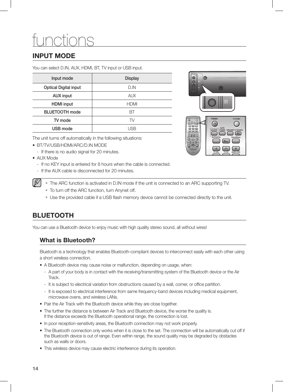 Functions, Input mode, Bluetooth | What is bluetooth | Samsung HW-FM45C-ZA User Manual | Page 14 / 26