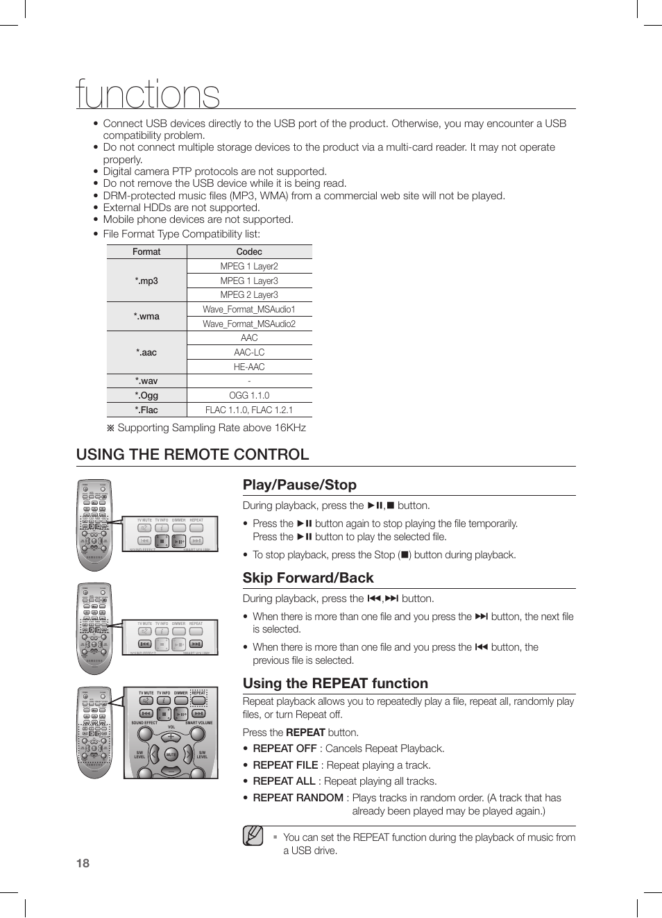 Using the remote control, Functions, Play/pause/stop | Skip forward/back, Using the repeat function, Supporting sampling rate above 16khz | Samsung HW-FM45C-ZA User Manual | Page 18 / 26