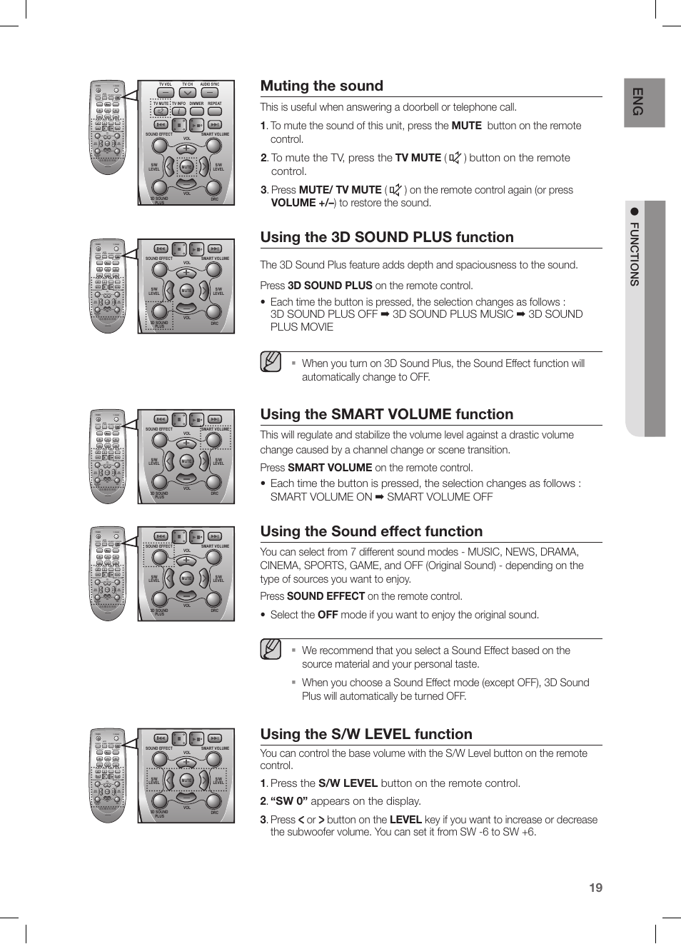 Muting the sound, Using the 3d sound plus function, Using the smart volume function | Using the sound effect function, Using the s/w level function, Functions | Samsung HW-FM45C-ZA User Manual | Page 19 / 26