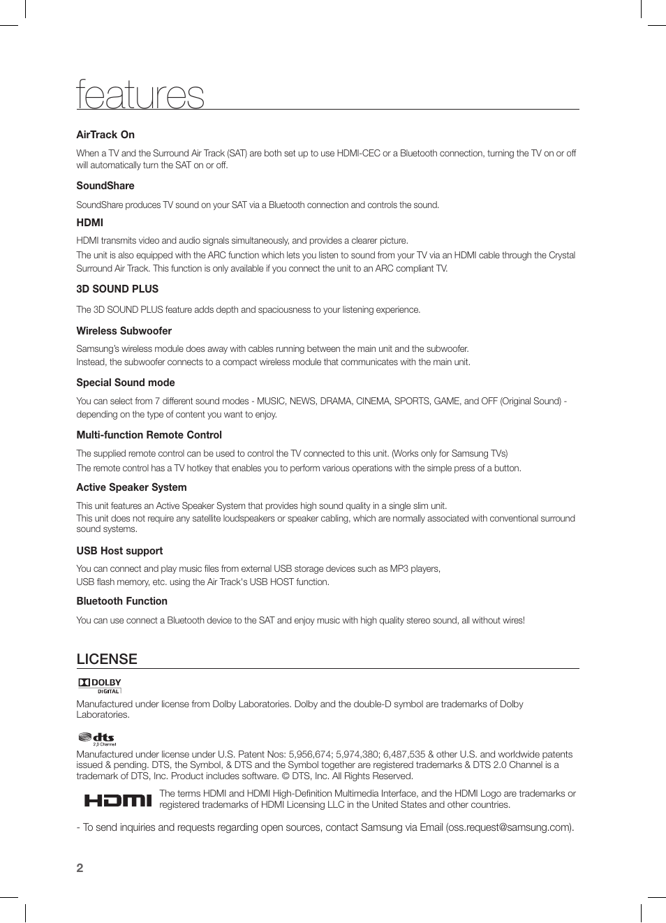 Features, License | Samsung HW-FM45C-ZA User Manual | Page 2 / 26