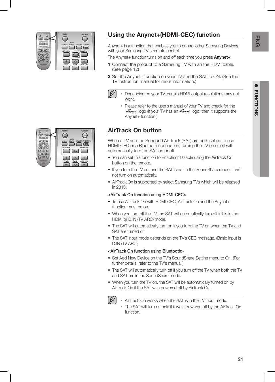 Using the anynet+(hdmi-cec) function, Airtrack on button, Functions | Samsung HW-FM45C-ZA User Manual | Page 21 / 26
