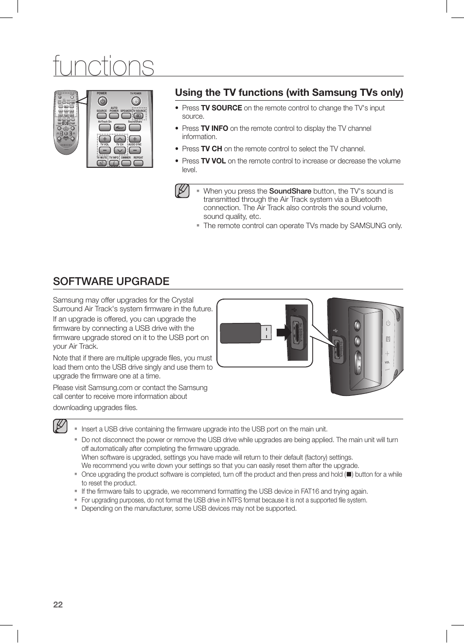 Software upgrade, Functions, Using the tv functions (with samsung tvs only) | Samsung HW-FM45C-ZA User Manual | Page 22 / 26