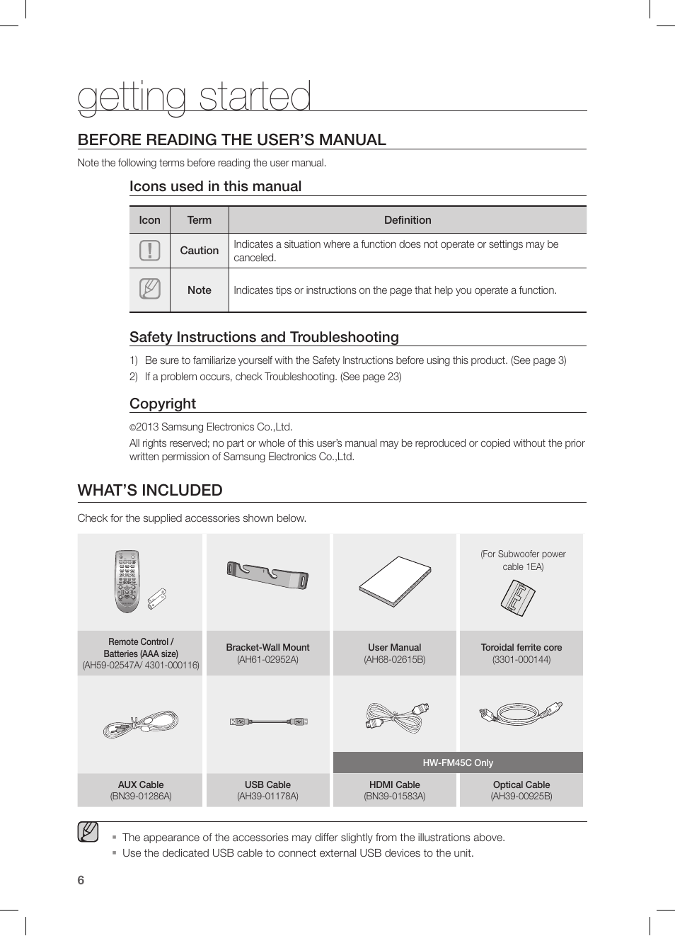 Getting started, Before reading the user’s manual, What’s included | Icons used in this manual, Safety instructions and troubleshooting, Copyright | Samsung HW-FM45C-ZA User Manual | Page 6 / 26