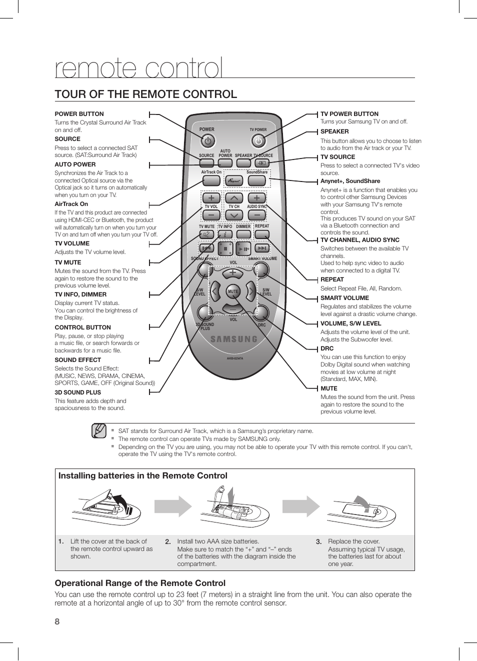 Remote control, Tour of the remote control, Installing batteries in the remote control | Operational range of the remote control | Samsung HW-FM45C-ZA User Manual | Page 8 / 26