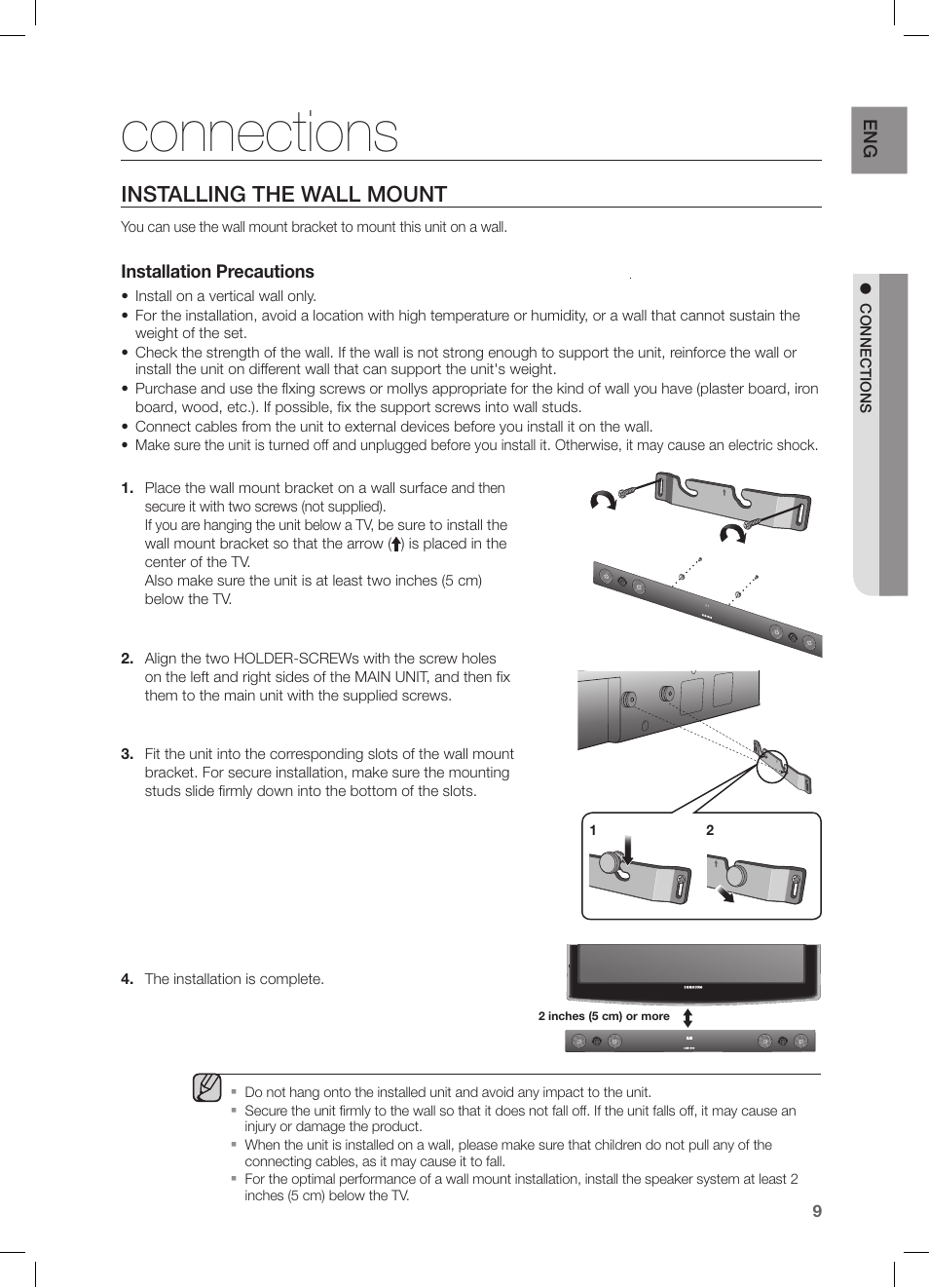 Connections, Installing the wall mount | Samsung HW-FM45C-ZA User Manual | Page 9 / 26