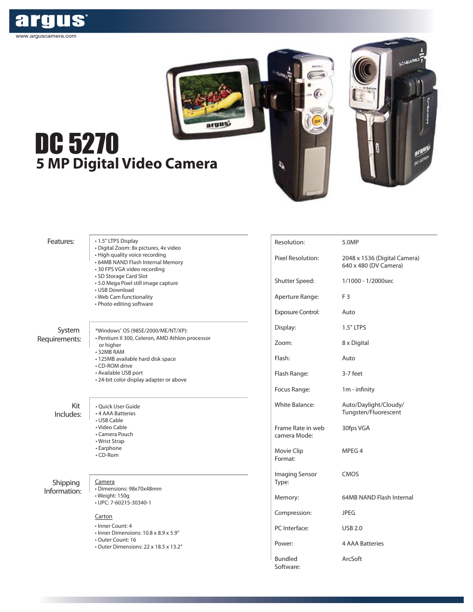 Argus Camera DC5270 User Manual | 1 page