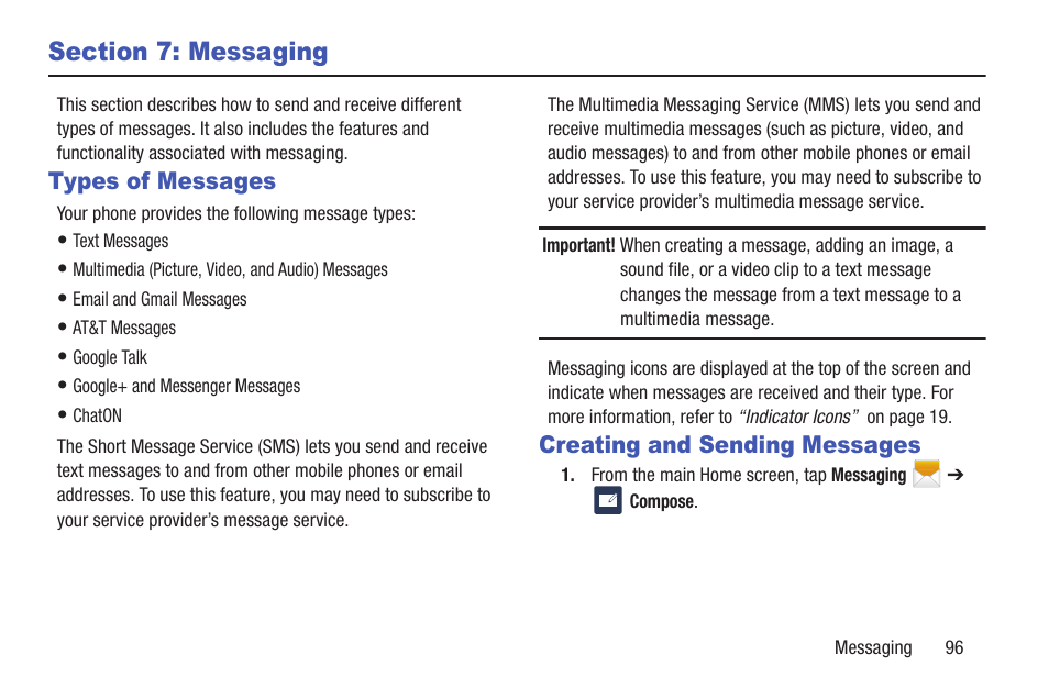 Section 7: messaging, Types of messages, Creating and sending messages | Types of messages creating and sending messages, S. for more | Samsung SGH-I747RWAATT User Manual | Page 103 / 235