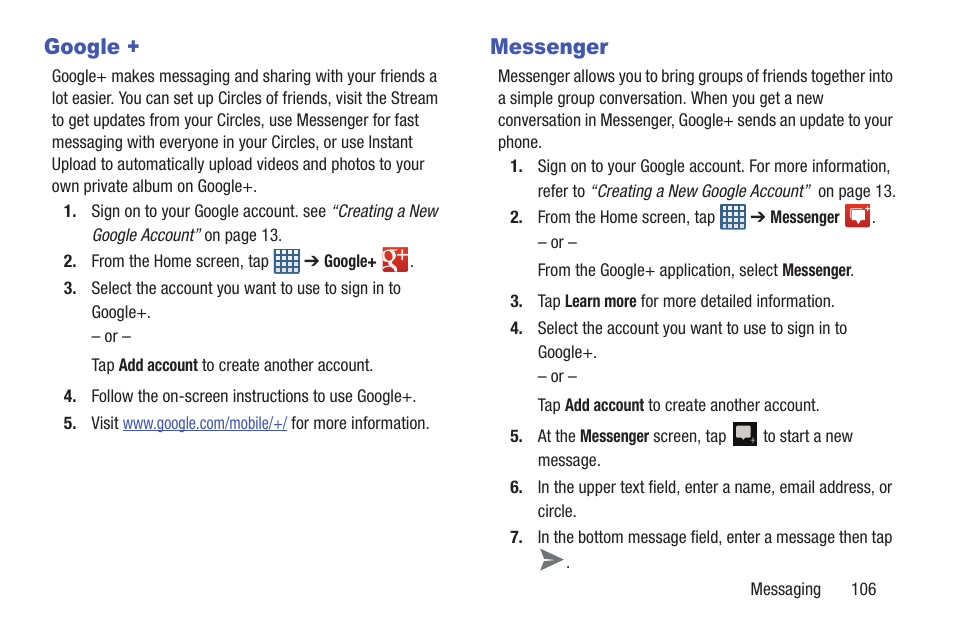 Google, Messenger, Google + messenger | Samsung SGH-I747RWAATT User Manual | Page 113 / 235