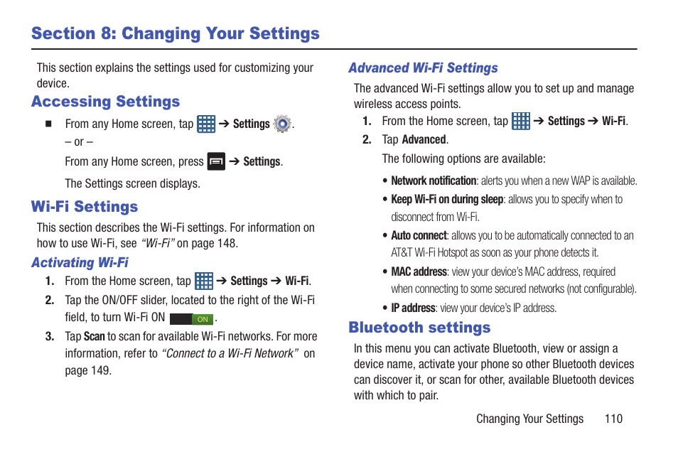 Section 8: changing your settings, Accessing settings, Wi-fi settings | Bluetooth settings, Wi-fi settings bluetooth settings | Samsung SGH-I747RWAATT User Manual | Page 117 / 235