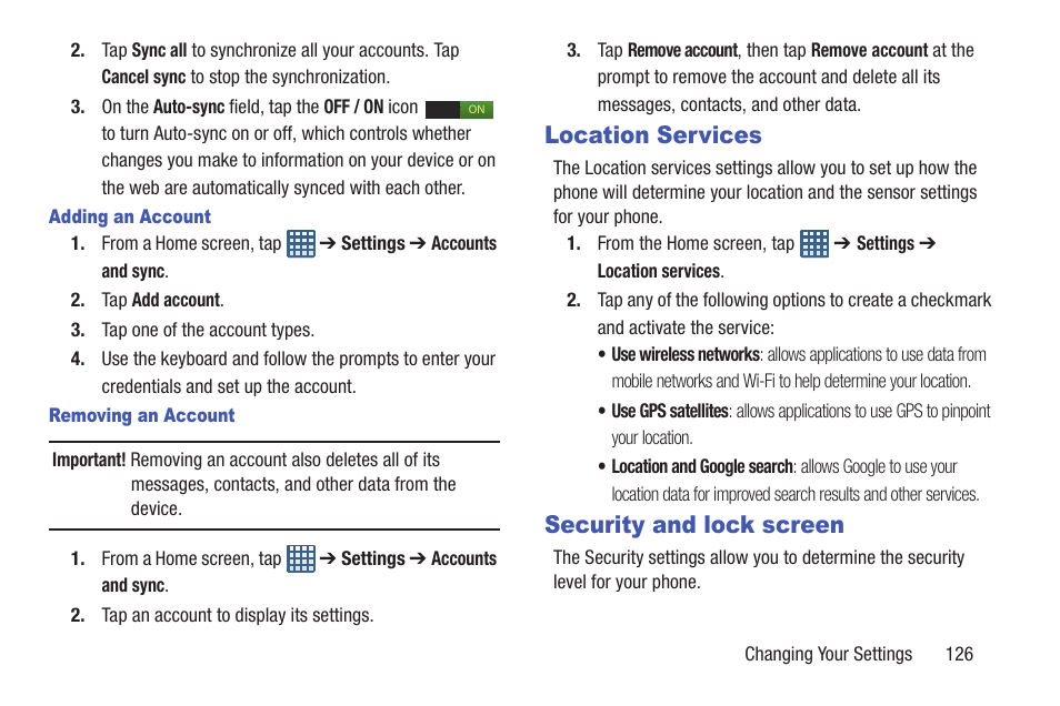 Location services, Security and lock screen, Location services security and lock screen | Samsung SGH-I747RWAATT User Manual | Page 133 / 235